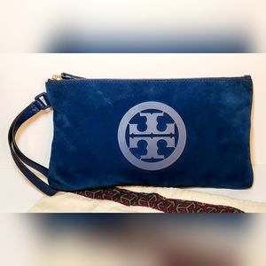 Tory Burch Charlie clutch wristlet in blue suede